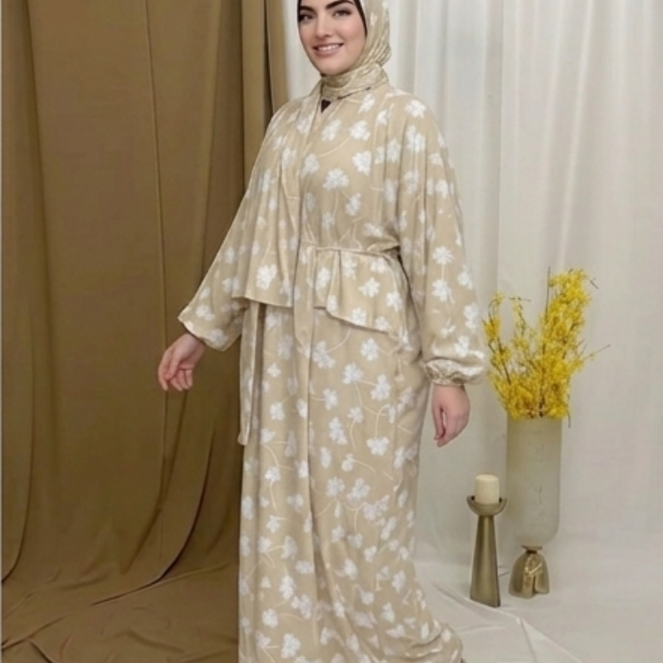 Women's Muslim Prayer Dress Set, Floral Print, with Hijab, Abaya Style - Butter Material (Up to 100 KG)